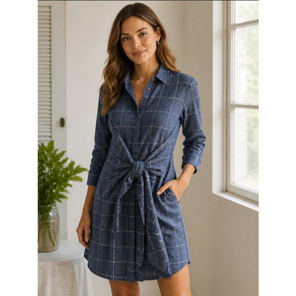 Madison & Park Weekend Shirt Dress Women's Small Tie Front Windowpane Blue White
